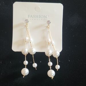 Elegant Gold and Faux White Pearl Drop Earrings